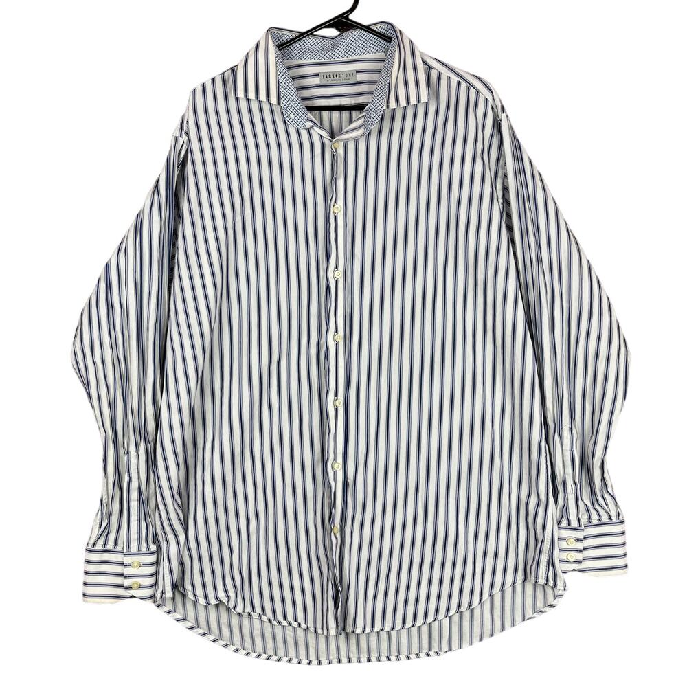 Jack Stone By Thomas Dean Mens Shirt White Blue Gray Stripe Button Down XXL